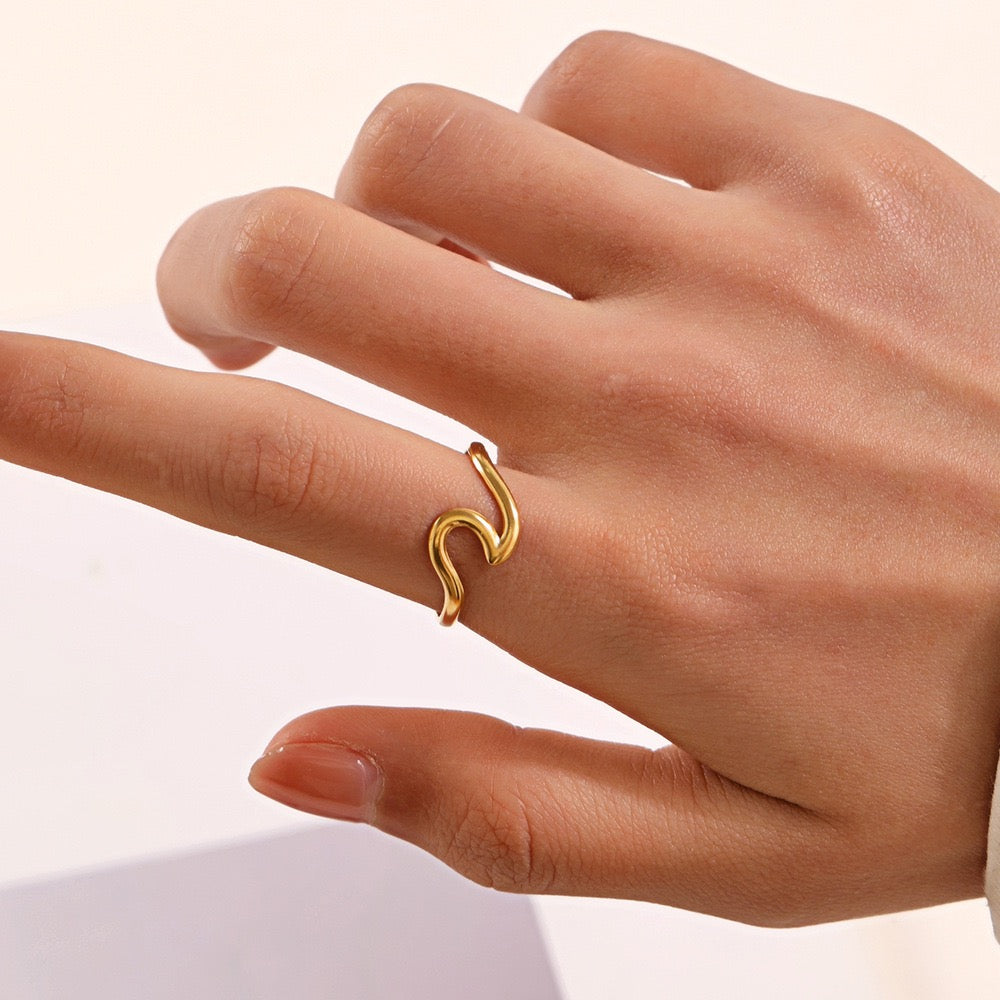 Wave geometric design adjustable open ring stainless steel water resistant