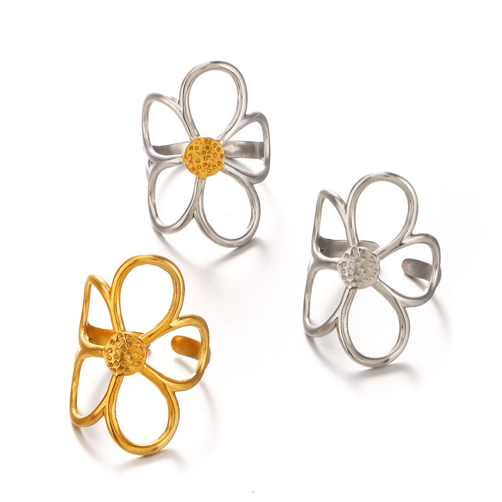 Large floral Five-petaled flower design adjustable ring gold & silver stainless steel water resistant tarnish free