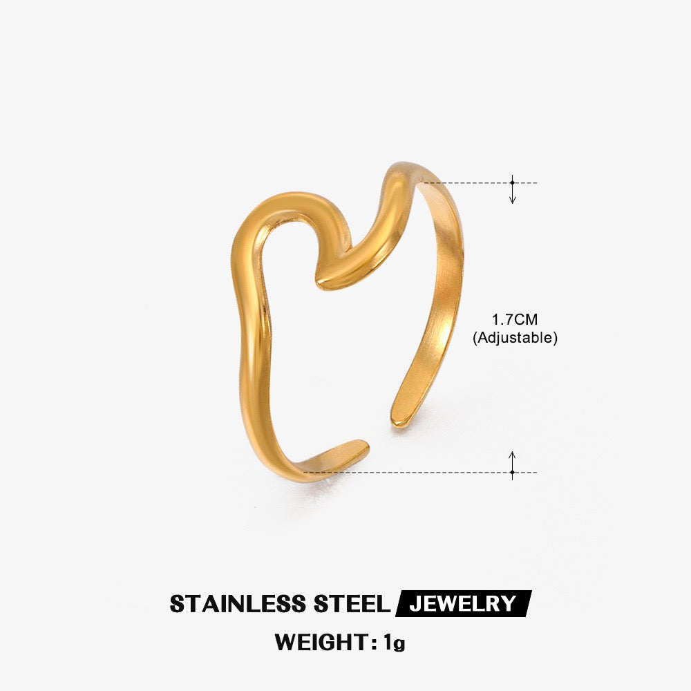 Wave geometric design adjustable open ring stainless steel water resistant