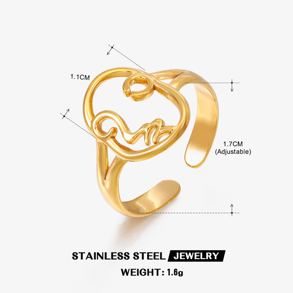 Face design adjustable size ring stainless steel tarnish free water resistant