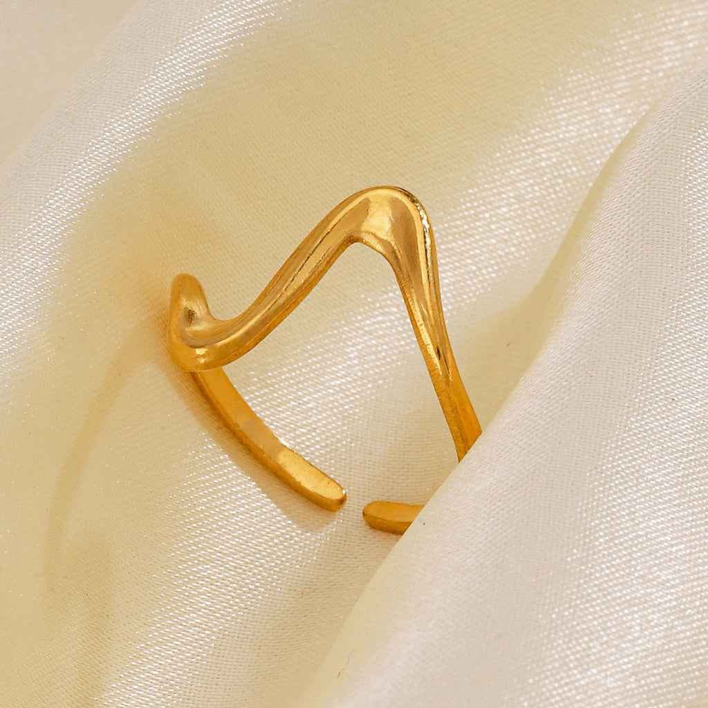 Wave geometric design adjustable open ring stainless steel water resistant