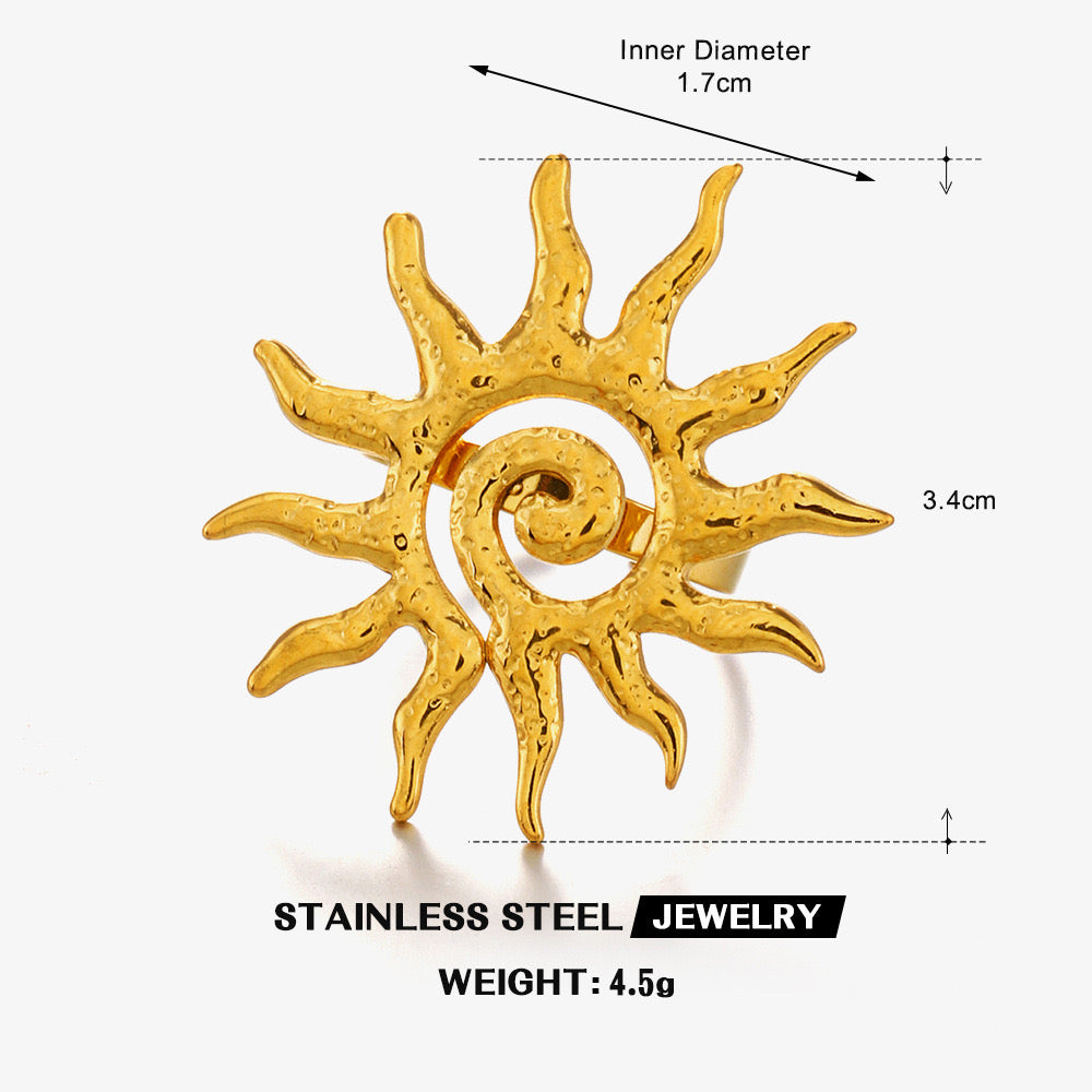 Sun with Swirl pattern ocean inspired adjustable ring stainless steel tarnish free water resistant  confidence and stylish