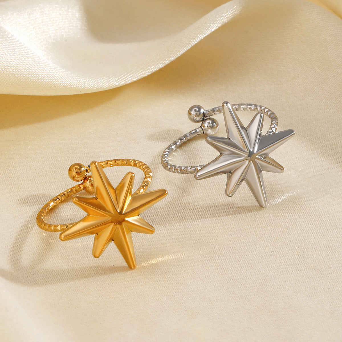 Star design stainless steel tarnish free water resistant adjustable size gold&silver ring