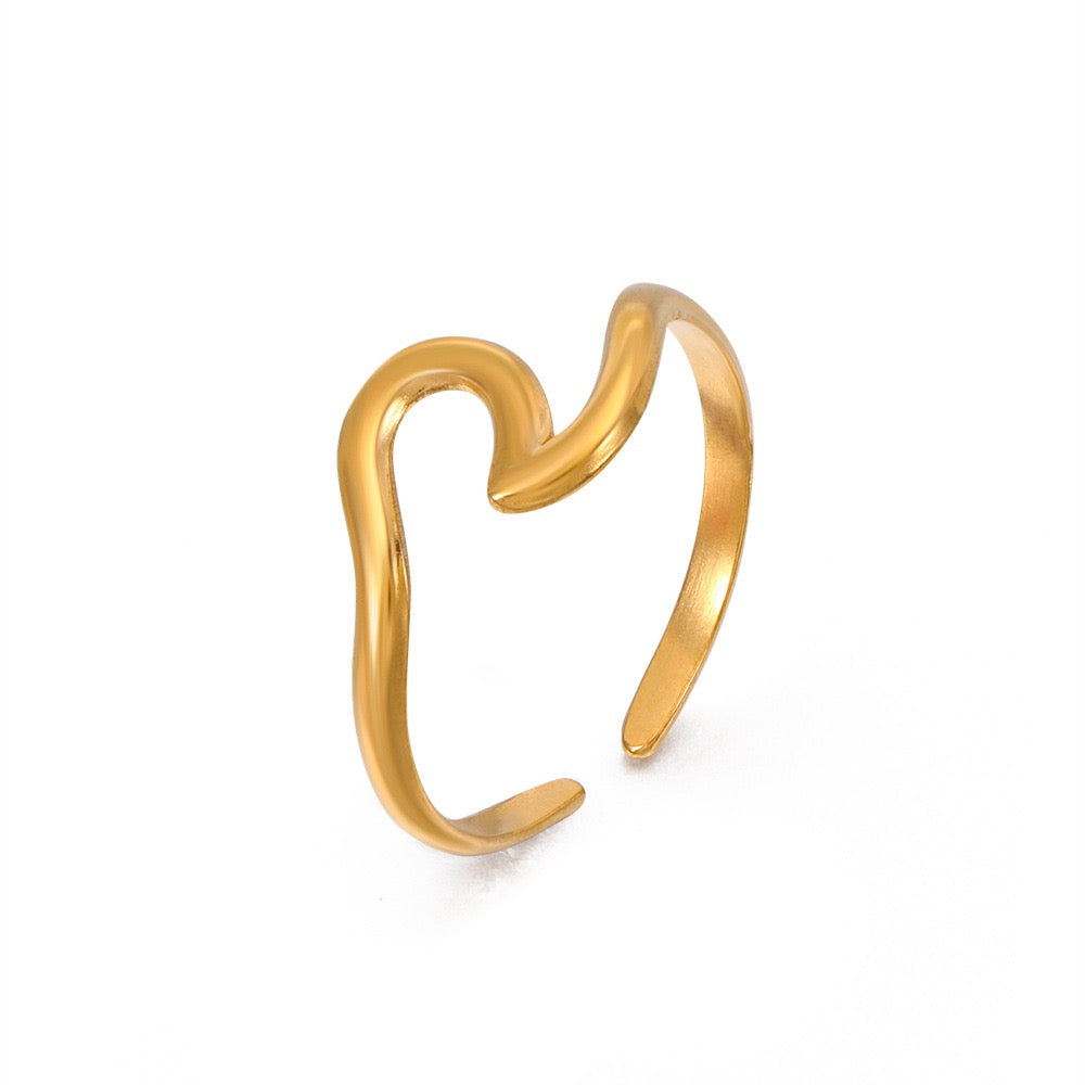 Wave geometric design adjustable open ring stainless steel water resistant