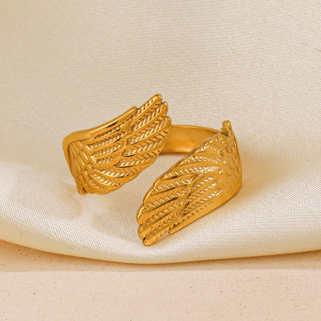 Angel wings design “ inner strength”adjustable open ring stainless steel water resistant tarnish free