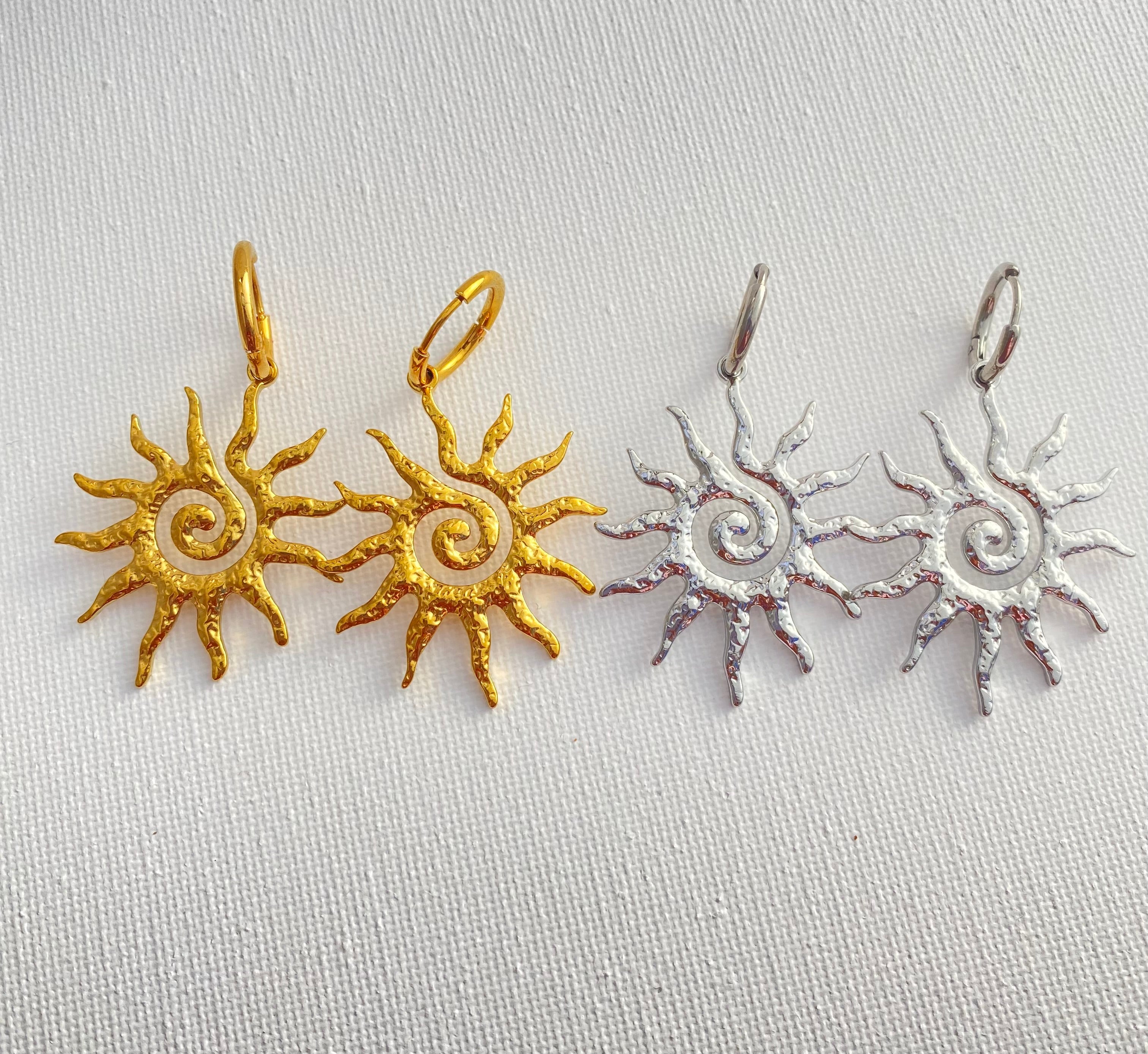 Sun with swirl positive energy dangle earrings silver&gold stainless steel tarnish free
