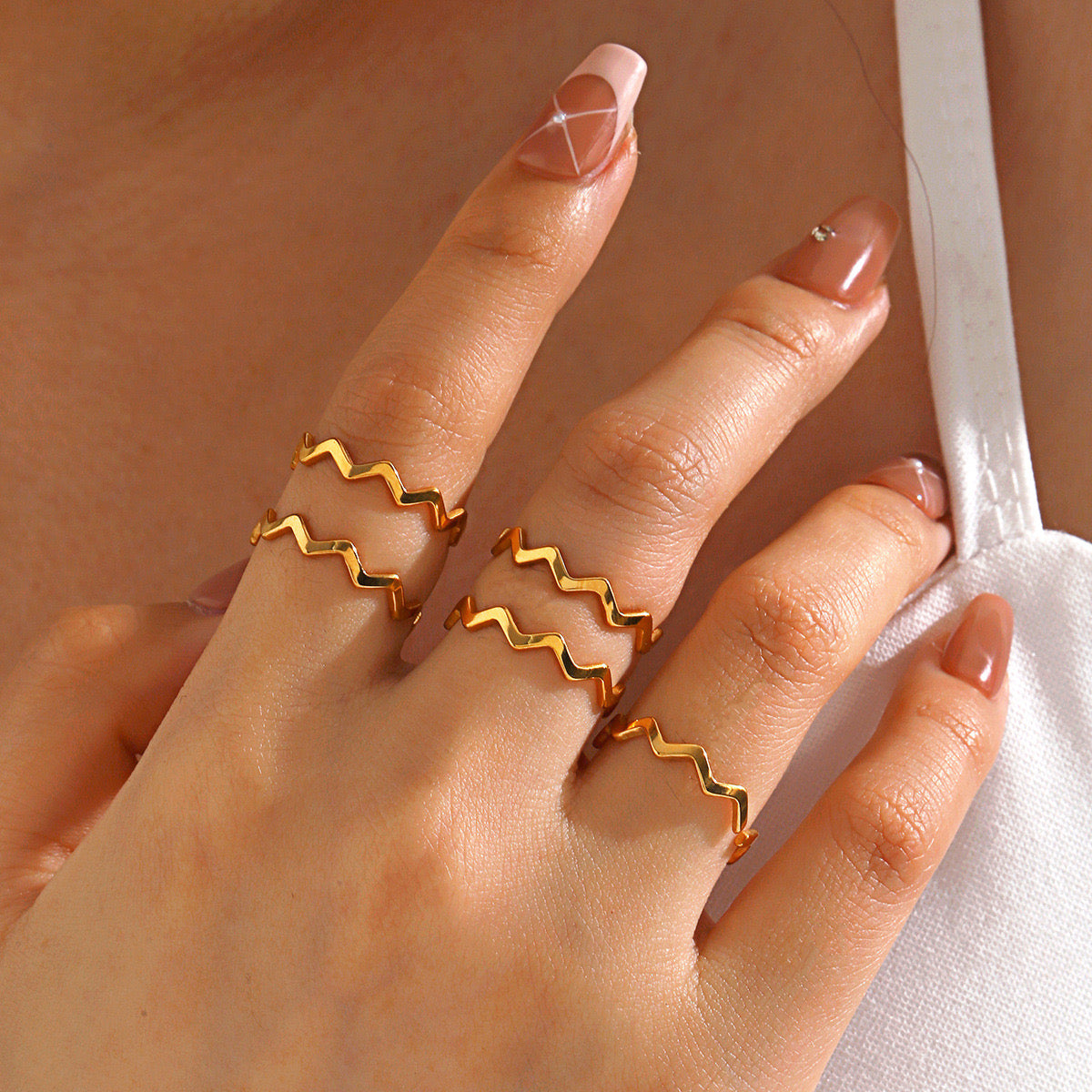 Wavy classic design stainless steel tarnish free water resistant adjustable size ring