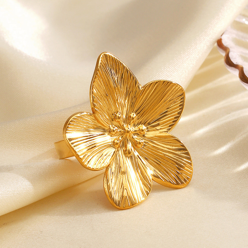 Large Floral inspired design adjustable ring tarnish free stainless steel