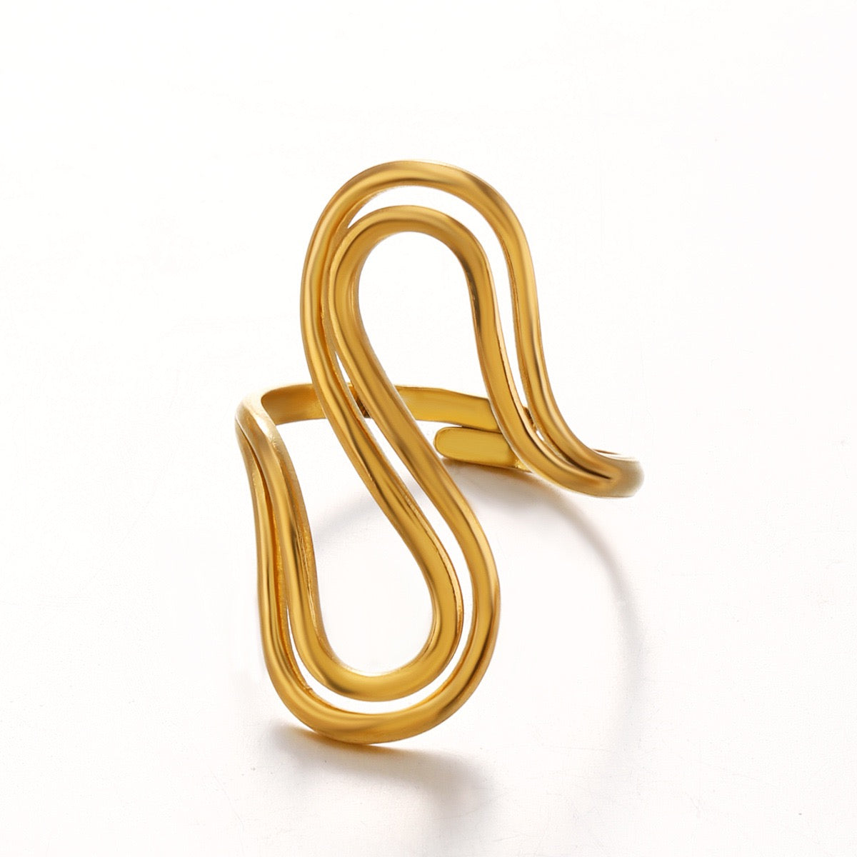 Large wave geometric “ free soul “ style adjustable open ring stainless steel water- resistant