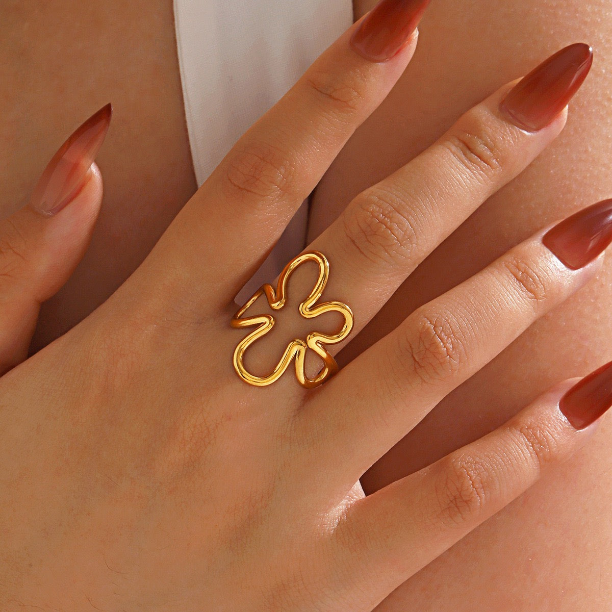 Large geometric floral shapes adjustable open ring stainless steel water-resistant
