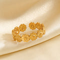 Simple gold Daisy wreath design adjustable open ring stainless steel water resistant