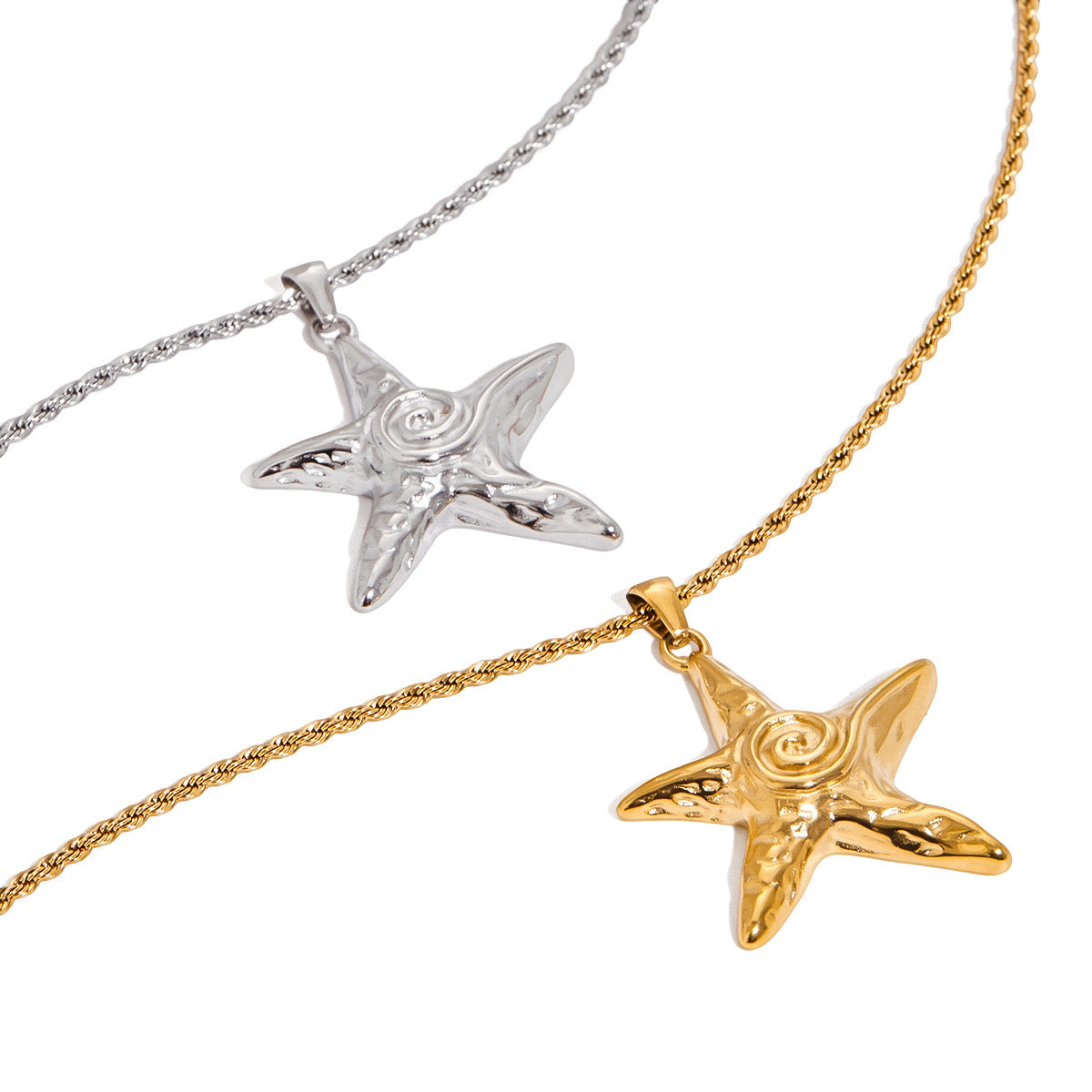 Star fish with swirls ocean inspired stainless steel tarnish free necklace extra longer chain 50+5Cm