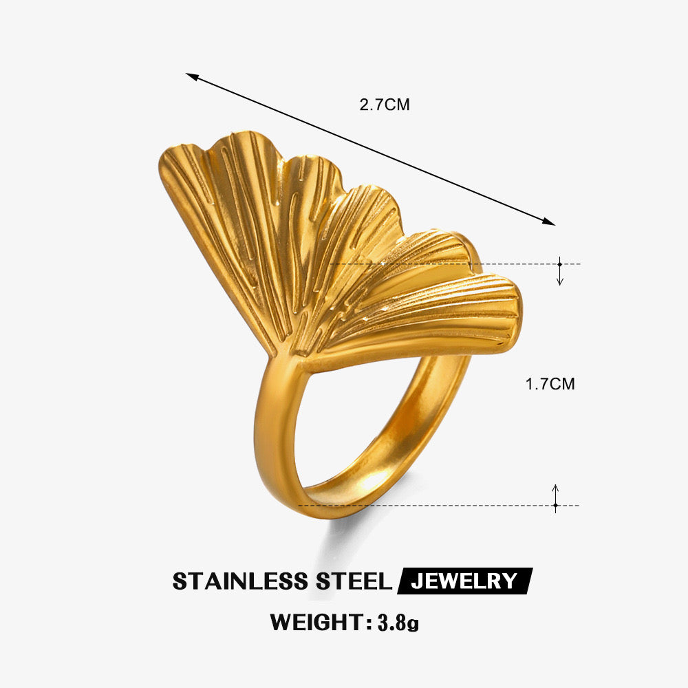 Ginkgo leaf inspired stylish adjustable ring stainless steel water resistant