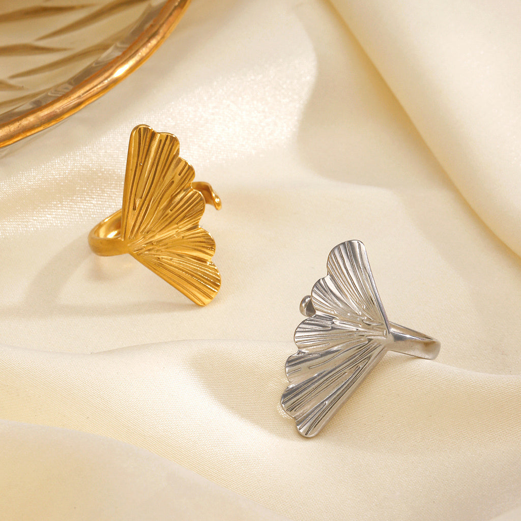 Ginkgo leaf inspired stylish adjustable ring stainless steel water resistant