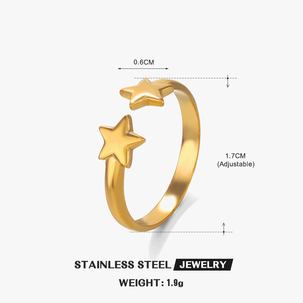 2 little stars adjustable open ring stainless steel water-resistant