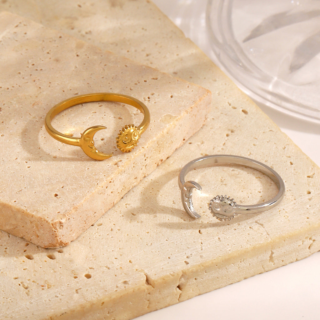 Energy design with Sun and Moon adjustable open ring Stainless steel tarnish free water resistant