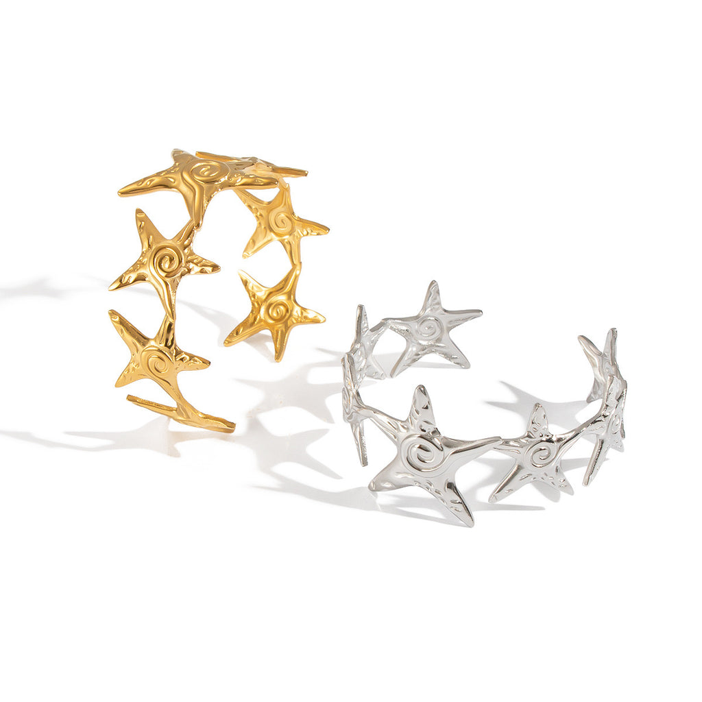 Starfish with swirl design gold&silver adjustable open bangle stainless steel tarnish free