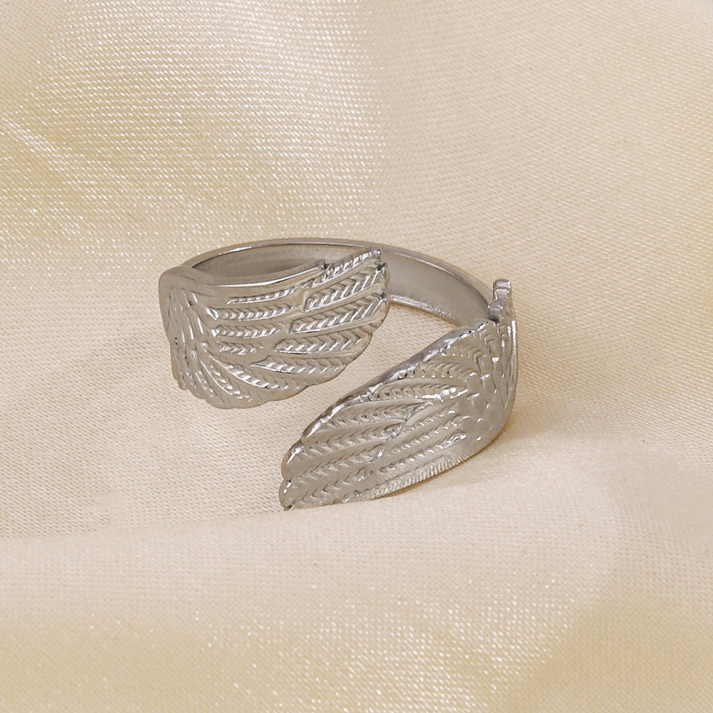 Angel wings design “ inner strength”adjustable open ring stainless steel water resistant tarnish free