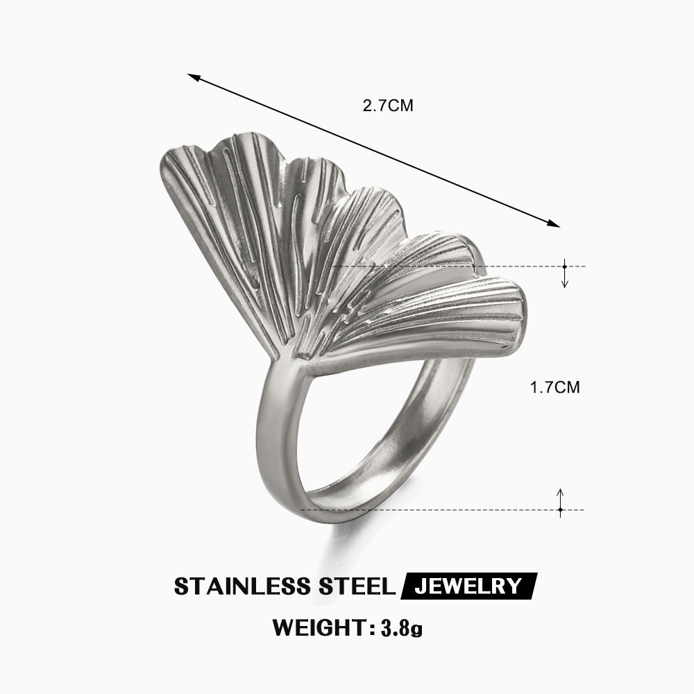 Ginkgo leaf inspired stylish adjustable ring stainless steel water resistant