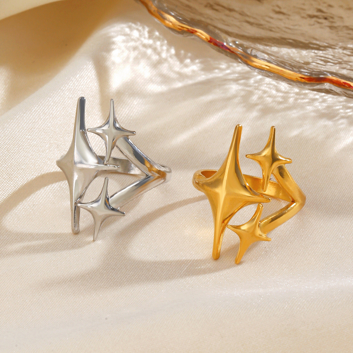 Large Three stars design adjustable ring gold & silver stainless steel tarnish free water resistant