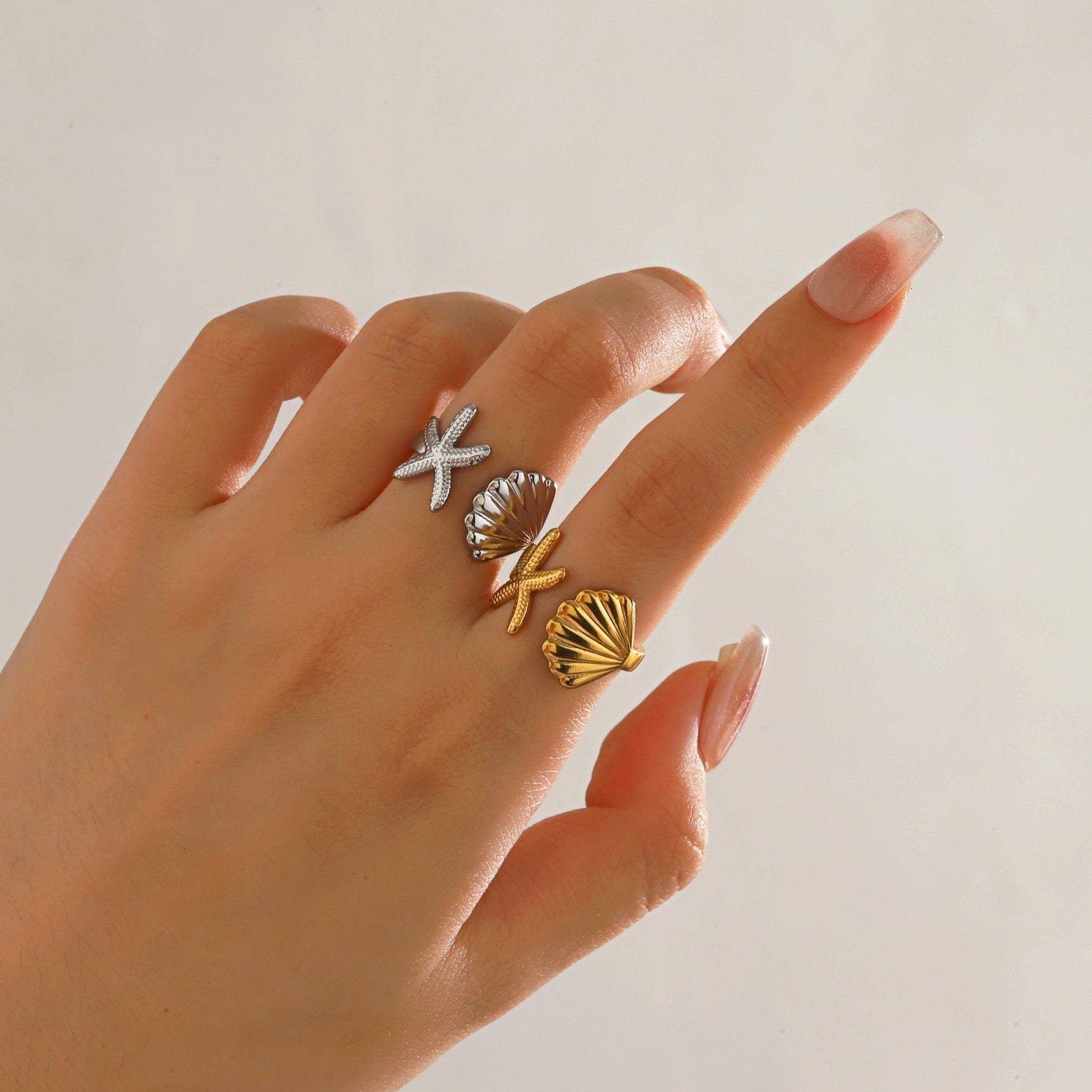 starfish and shell holiday ocean design silver &gold adjustable ring stainless steel water resistant