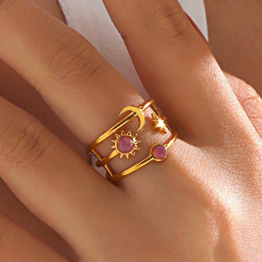 Sun moon star with pink stone adjustable 3 layer ring tarnish free stainless steel