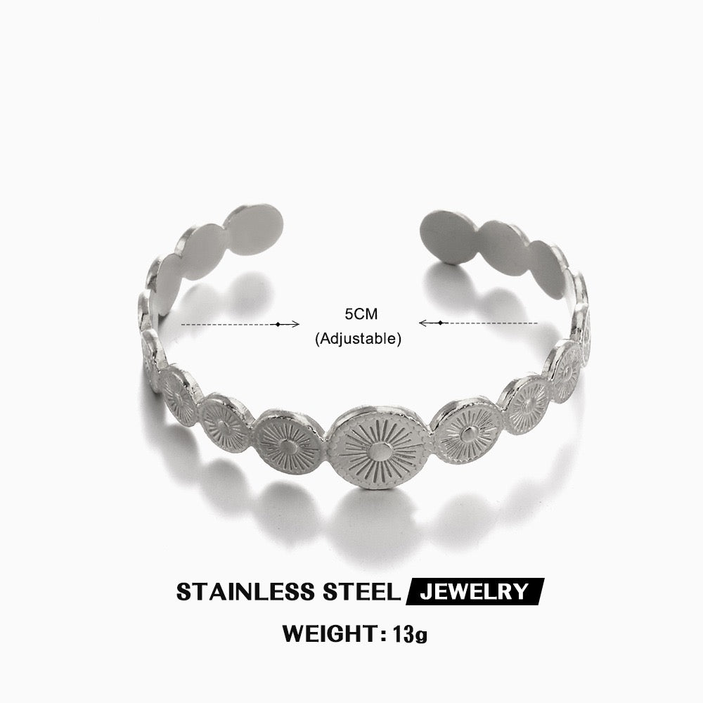 Ethnic style circles deign adjustable open bangle stainless steel water resistant