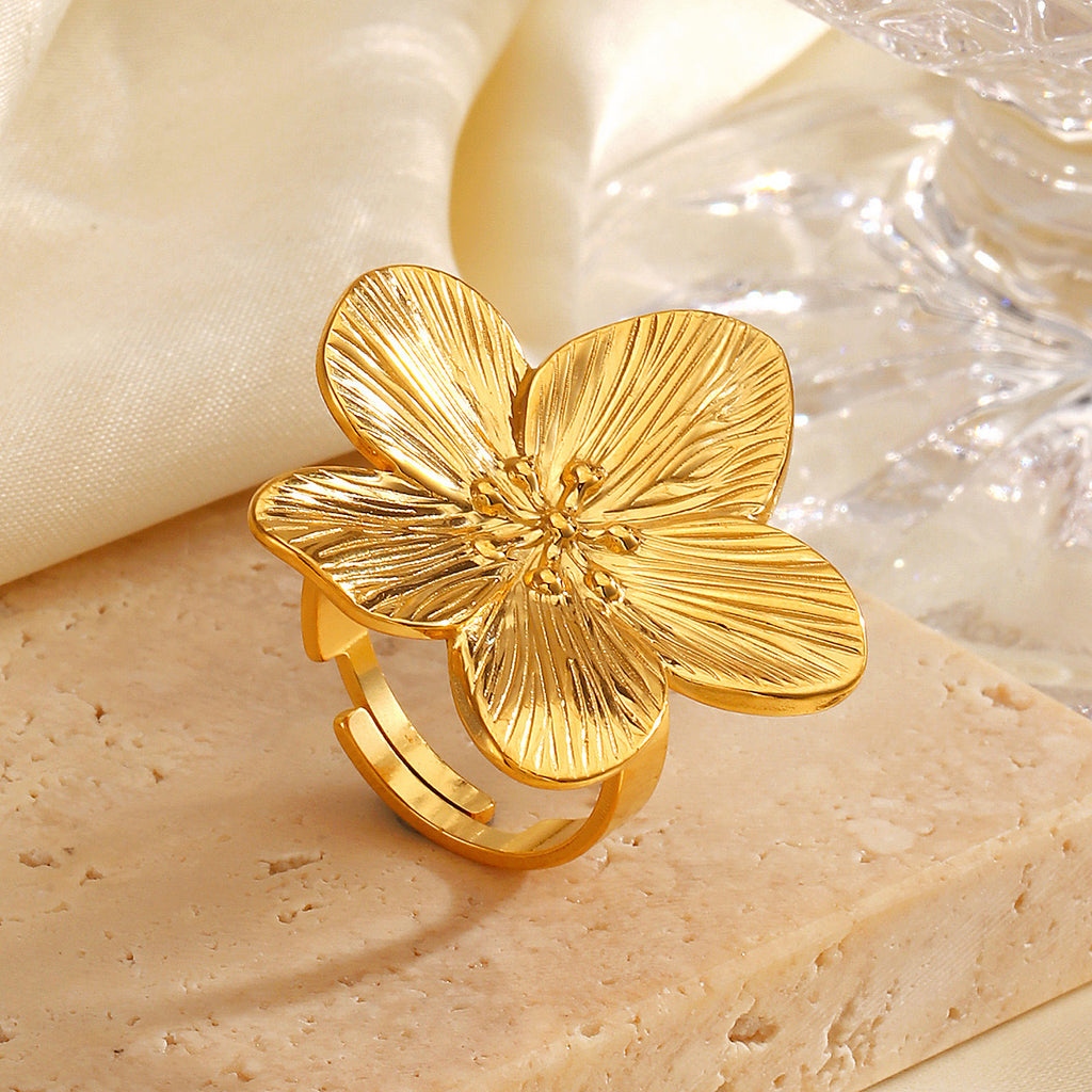 Large Floral inspired design adjustable ring tarnish free stainless steel