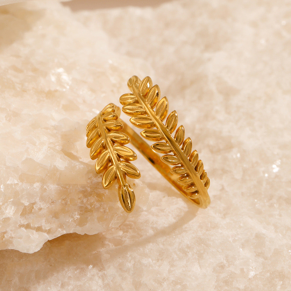 Fairy tree leaf adjustable silver & gold ring stainless steel tarnish free