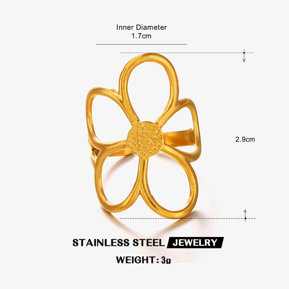 Large floral Five-petaled flower design adjustable ring gold & silver stainless steel water resistant tarnish free