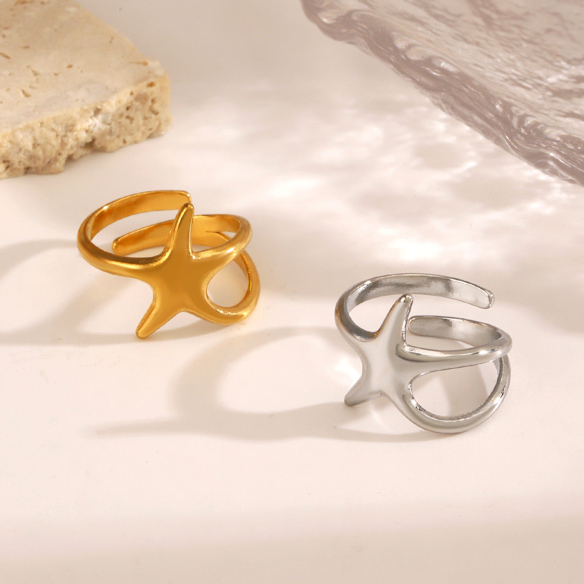Ocean starfish design stainless steel tarnish free water resistant adjustable size ring