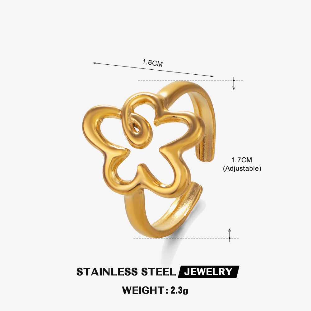 Floral geometric design adjustable open ring stainless steel water-resistant