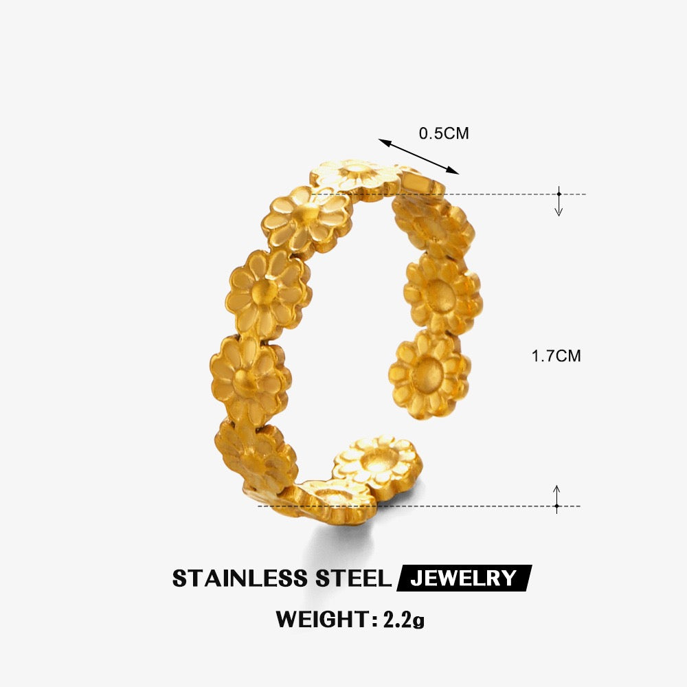 Simple gold Daisy wreath design adjustable open ring stainless steel water resistant