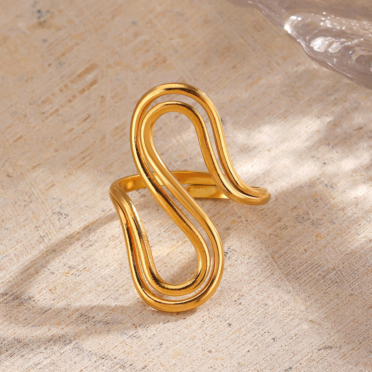 Large wave geometric “ free soul “ style adjustable open ring stainless steel water- resistant