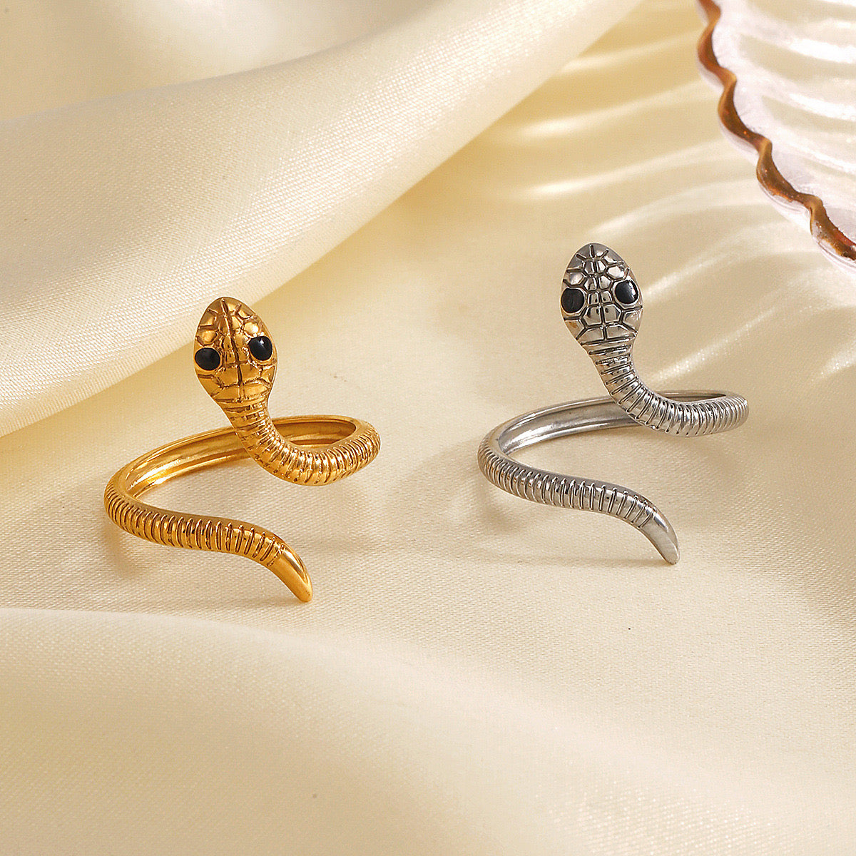 Mystery black eye snake with pattern adjustable ring gold & silver stainless steel tarnish free water resistant