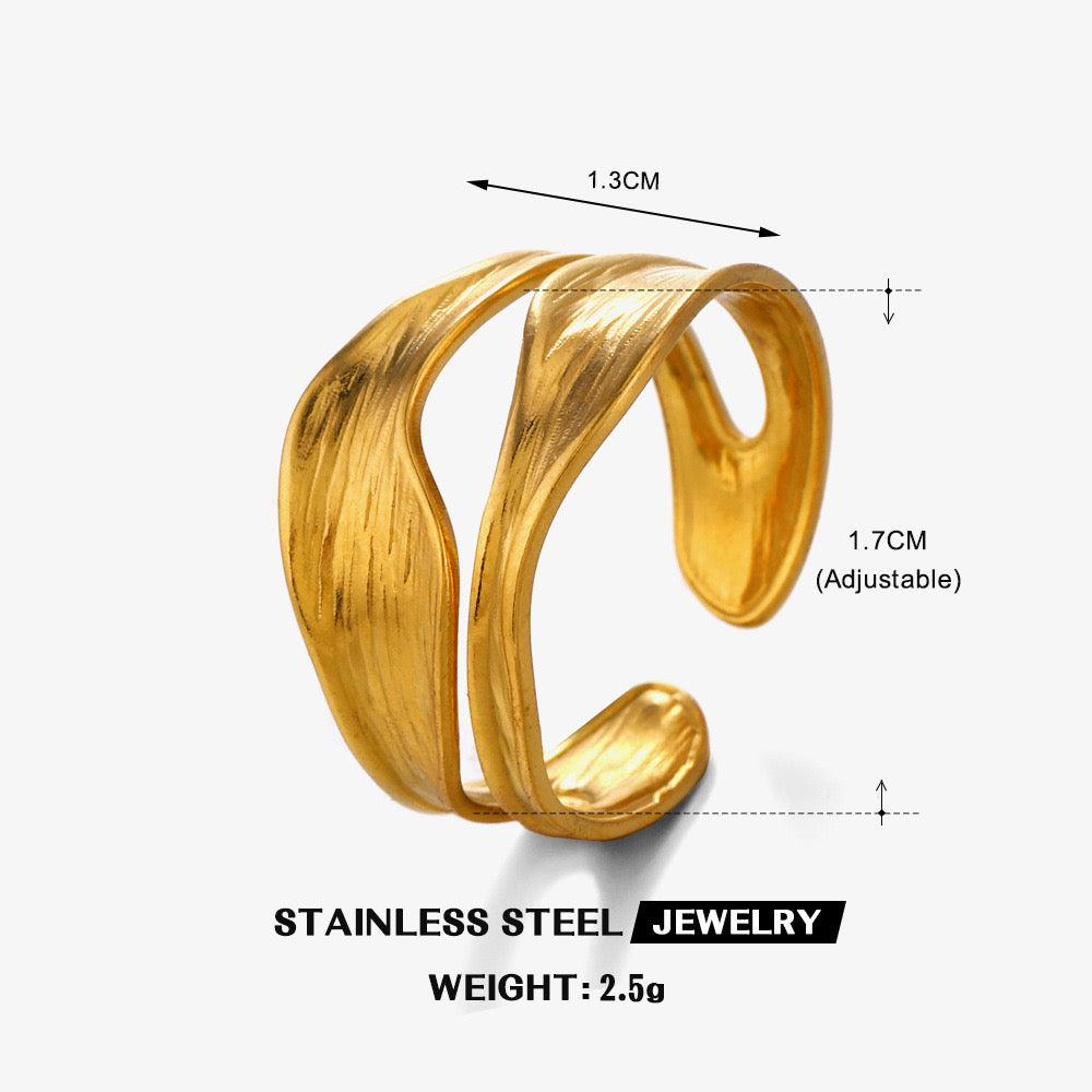 Double-layered irregular design stainless steel tarnish free water resistant adjustable size ring