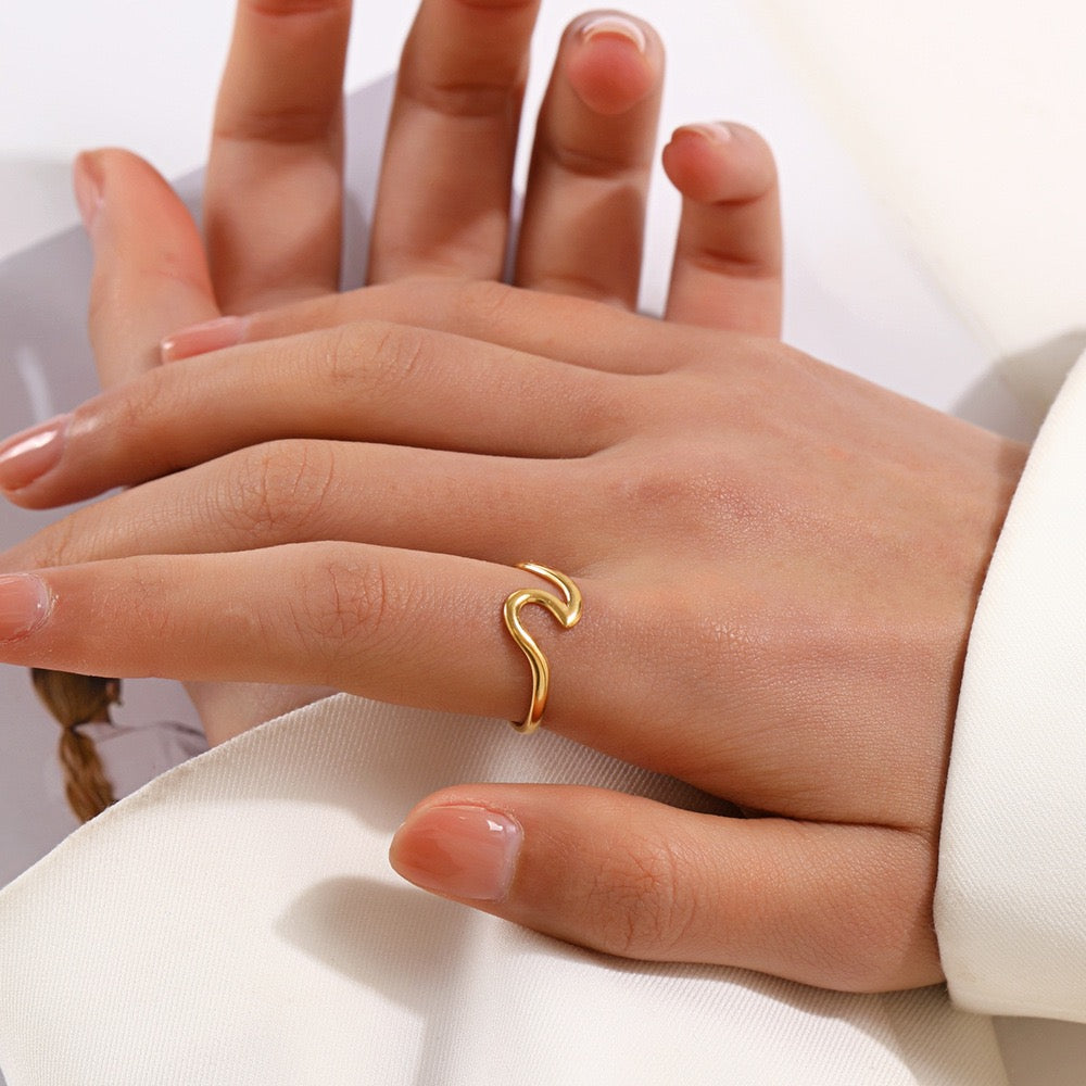 Wave geometric design adjustable open ring stainless steel water resistant