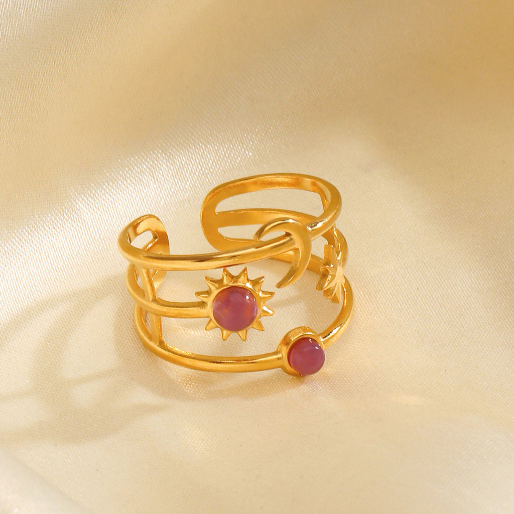 Sun moon star with pink stone adjustable 3 layer ring tarnish free stainless steel