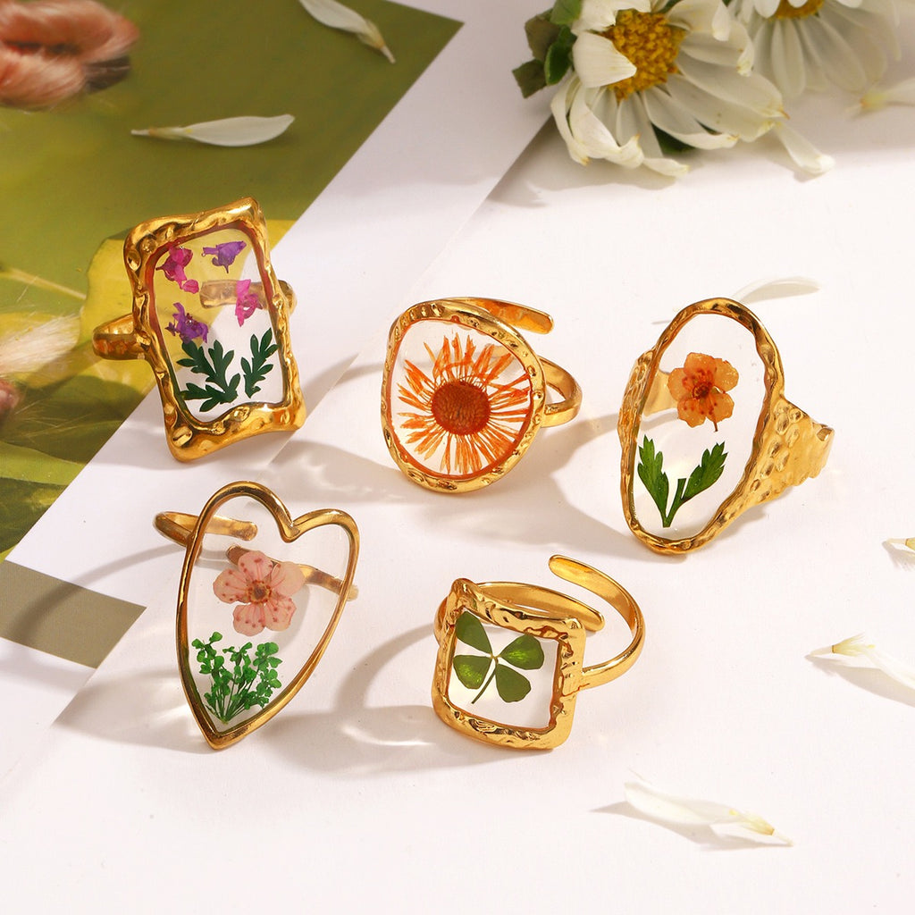 Preserved flowers design adjustable ring stainless steel water-resistant
