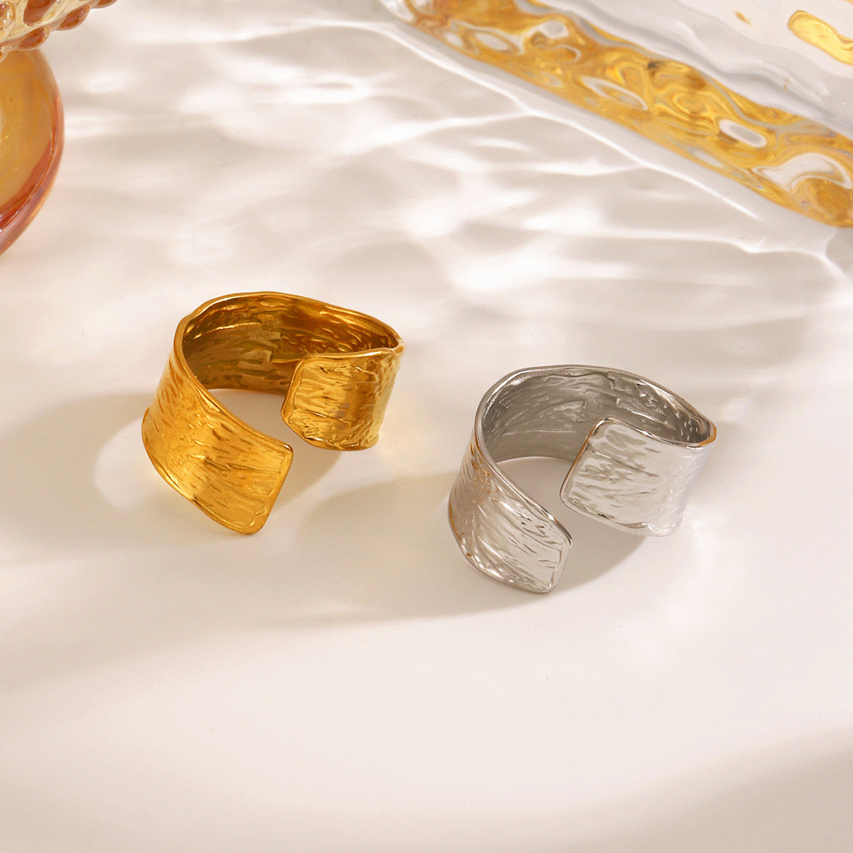 Chunky unequal design adjustable size stainless steel tarnish free water resistant ring