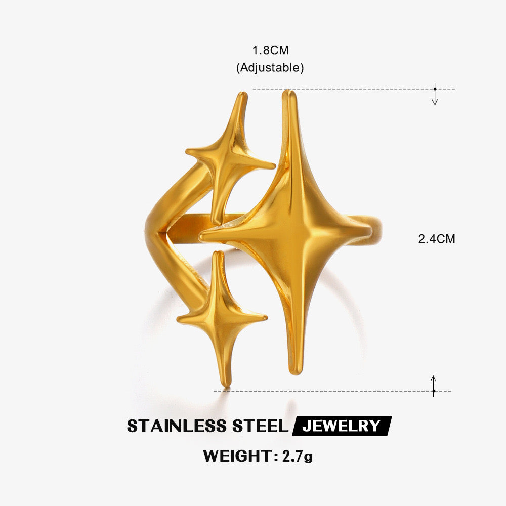 Large Three stars design adjustable ring gold & silver stainless steel tarnish free water resistant