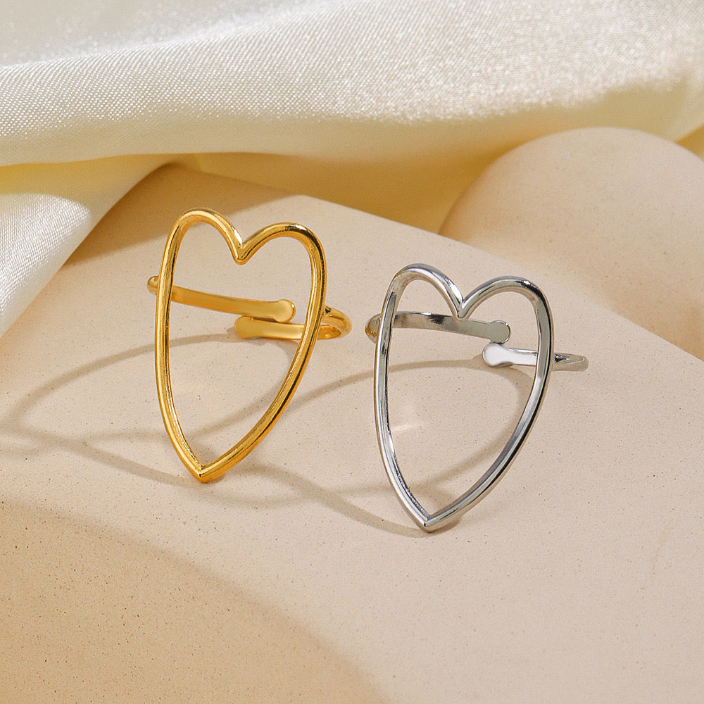 Large heart design gold&silver adjustable ring stainless steel tarnish free water resistant simple