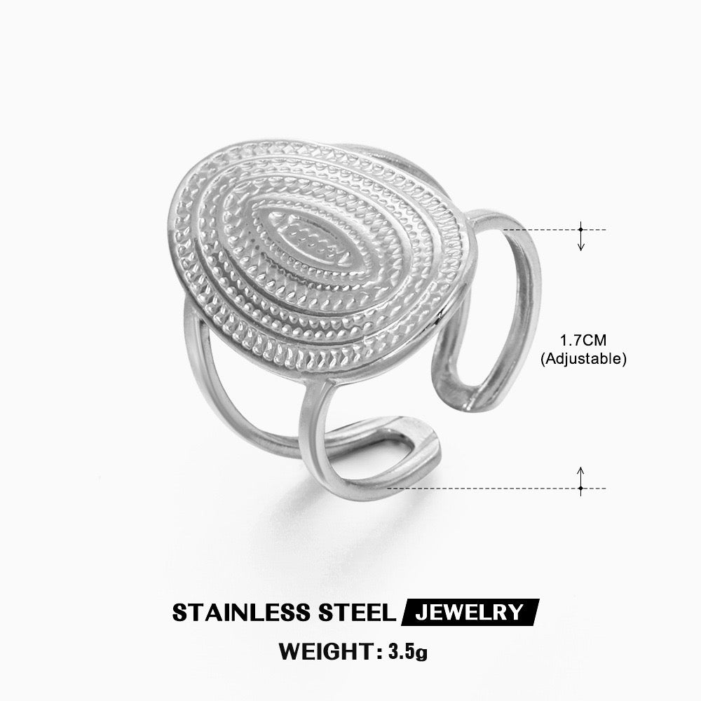 Oval with swirl adjustable stainless steel water resistant tarnish free ring classic chunky