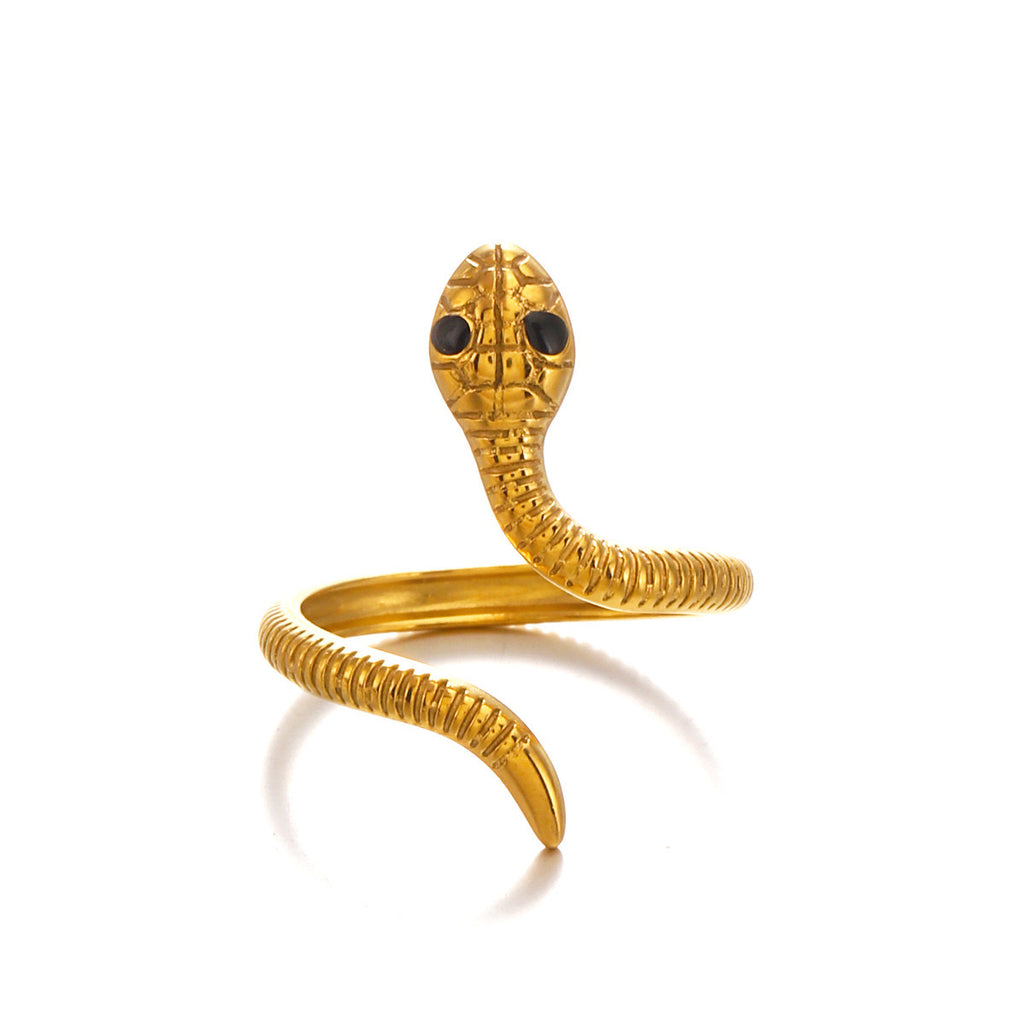 Mystery black eye snake with pattern adjustable ring gold & silver stainless steel tarnish free water resistant