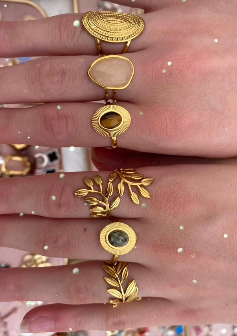 Gem stones adjustable open ring stainless steel tarnish free