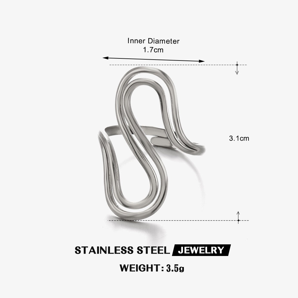 Large wave geometric “ free soul “ style adjustable open ring stainless steel water- resistant
