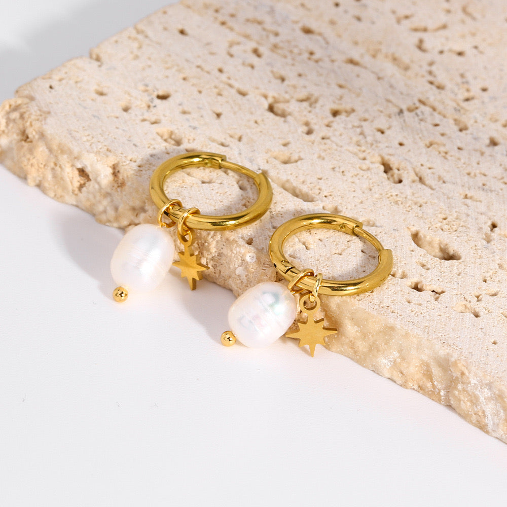 Fresh water pearl with star design classic hoops earrings stainless steel water resistant