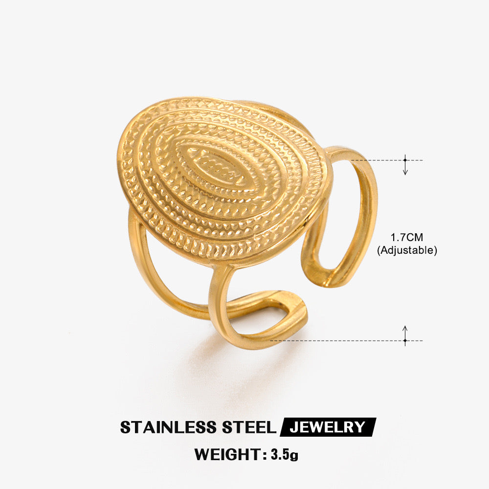 Oval with swirl adjustable stainless steel water resistant tarnish free ring classic chunky