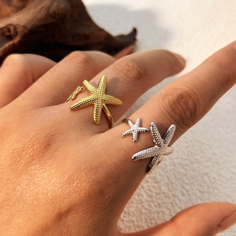 2 starfishes ocean inspired silver&gold adjustable open ring stainless steel tarnish free