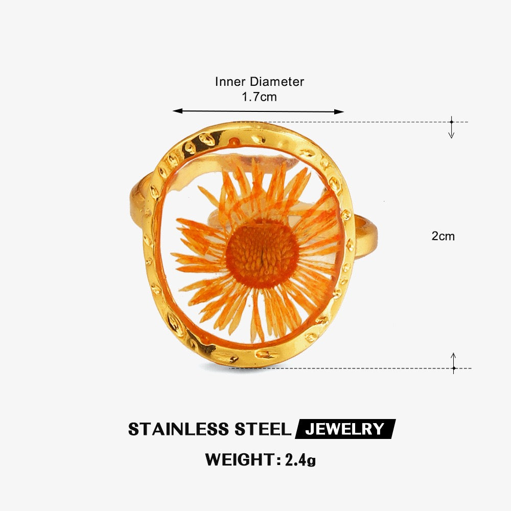 Preserved flowers design adjustable ring stainless steel water-resistant